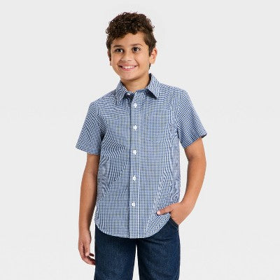 Boys' Gingham Poplin Button-Down Shirt - Cat & Jack Navy Blue M
