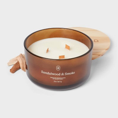 3-Wick Amber Glass Wooden Wick Sandalwood and Smoke Jar Candle 20oz - Threshold