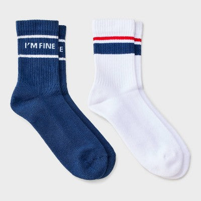 Women's "I'm Fine" Cushioned Ribbed 2pk Mid Crew Socks - Navy/White/Red 4-10