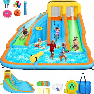 AS IS (slightly used) 141.3" x 126.4" x 81.9" 11-in-1 Inflatable Water Slide Park for Kid 3-12 w/2 Water Slides|550W Blower|5 Toys|Splash Pool|Climb Wall In/Outdoor (LOCAL PICKUP ONLY)