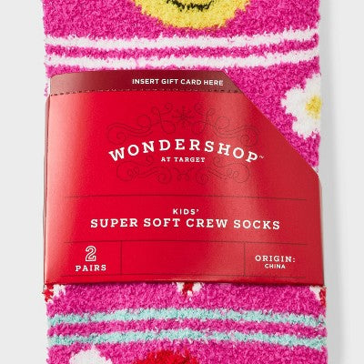 Kids' 2pk Smiley Face & Rainbow Striped Cozy Crew Socks with Gift Card Holder - Wondershop Pink M/L