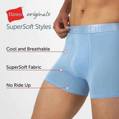 Hanes Originals Premium Men's SuperSoft Trunks 3pk - Blue/Black L: Lightweight, Tagless, Moisture Wicking, Stretch Knit Fabric