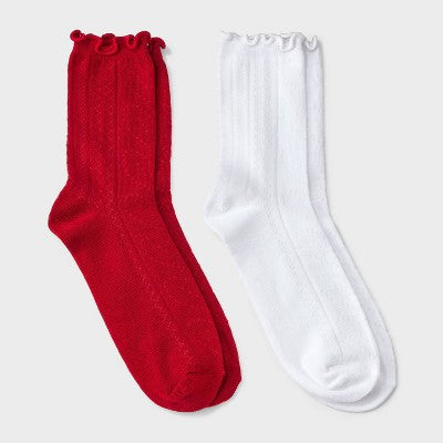 Girls' 2pk Ruffle Trim Pointelle Crew Socks  Red/White M