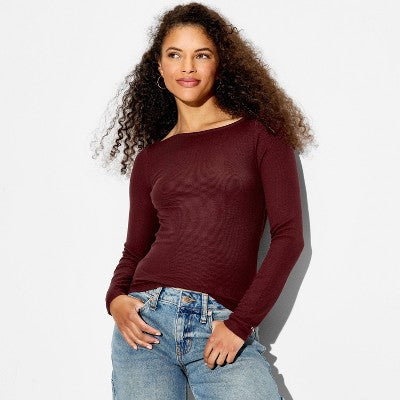 Women's Slim Fit Long Sleeve T-Shirt - Wild Fable Burgundy L