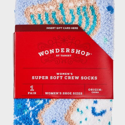 Women's Hanukkah Cookies Cozy Christmas Crew Socks with Gift Card Holder - Wondershop Light Blue 4-10