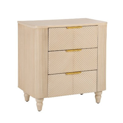 ModernLuxe Fluted 3 Drawers Nightstand Bedside Table End Table, Mid-Century Side Table with Gold Glossy Handles & Gourd Legs, Champagne (LOCAL PICKUP ONLY)