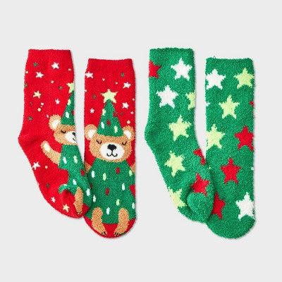 Kids' 2pk Christmas Tree Teddy Bear Cozy Crew Socks with Gift Card Holder - Wondershop Red XS/S