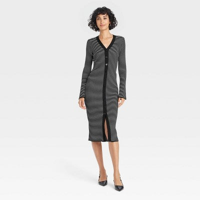 Women's Bell Long Sleeve Midi Sweater Dress - A New Day Black Striped S: Heavyweight Viscose Nylon, Ribbed Cuff, V Neck