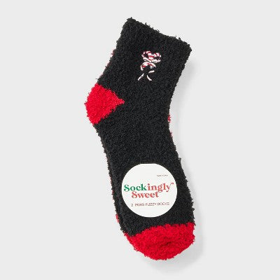Women's Embroidered Candy Canes Christmas 2pk Cozy Ankle Socks - Black/Ivory/Red 4-10