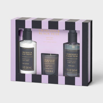 3pc Charcoal and Black Teak Personal Care Hand Soap and Lotion Candle Gift Set Light Purple - Threshold (LOCAL PICKUP ONLY)
