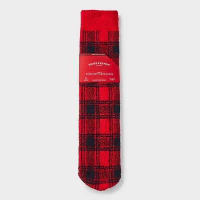 Men's Buffalo Plaid Cozy Crew Socks - Wondershop Red 6-12