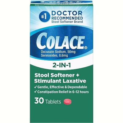 Colace 2-in-1 Stool Softener and Stimulant Laxative Tablets for Gentle Constipation Relief, Docusate and Senna, 30 Count
