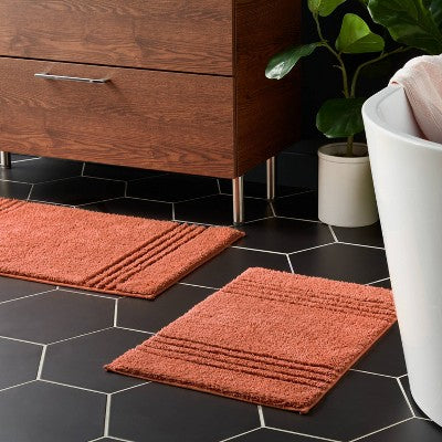 2pc 17"x24" and 20"x34" Performance Plus Textured Cotton Striped Non Skid Bath Rug Set Terracotta - Threshold