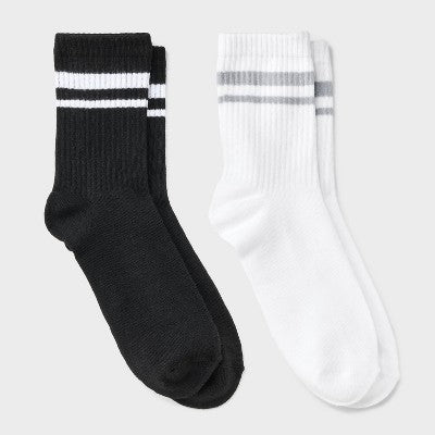 Kids' 2pk Striped Mid Crew Socks - art class Black/White L