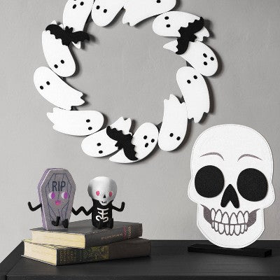 9" Felt Skull on Stand Halloween Decorative Figurine - Hyde & EEK! Boutique: Tabletop Skeleton Decor, Indoor Use
