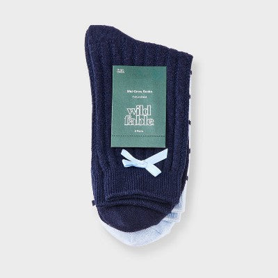 Women's Pointelle with Bow & Striped 2pk Mid Crew Socks - Wild Fable Navy/Blue/Ivory 4-10