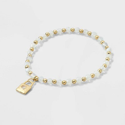 Heart Locket Beaded Bracelet and Stud Earring Set 2 pc - Moonstone