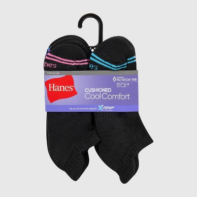 Hanes Premium Women's 6pk Cool Comfort Cushioned Heel Tab Socks - Black 5-9