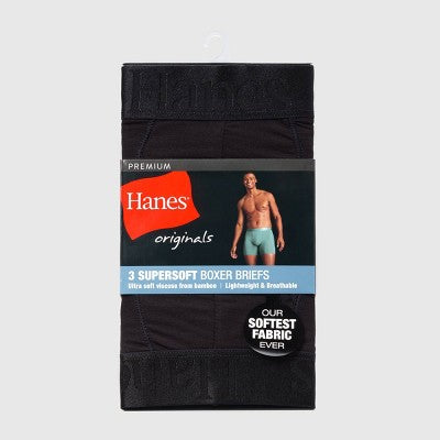 Hanes Originals Premium Men's SuperSoft Boxer Briefs 3pk - Black M: Tagless, Moisture Wicking, Stretch Knit