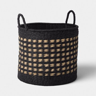 16" Pattern Woven Decorative Basket with Curved Handle Black/Natural - Threshold