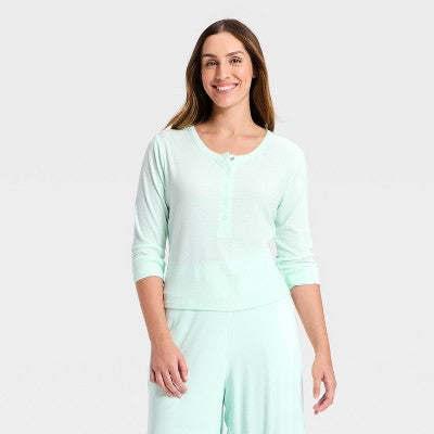 Women's Modal Ribbed Henley Long Sleeve Top - Mint Green S