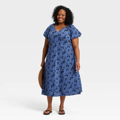 Women's Puff Short Sleeve Midi Sundress - Dark Blue Floral XXL
