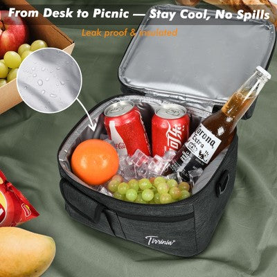 Tirrinia Large Lunch Tote Bag for Men Women Insulated Dual Compartment Leakproof Lunch Box Reusable Thermal Lunch Cooler Tote with Front Pocket