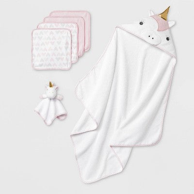 Baby 6pk Bath Towel Gift Bundle - Cloud Island Pink/White: Cotton & Recycled Polyester, Hooded Towel & Washcloth Set