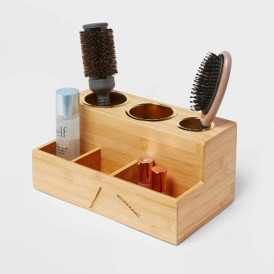 12"X7"X6" Bamboo Hair Tools Organizer with 5pc Magnets - Brightroom: Bathroom Tray, Hair Dryer Holder, Organization