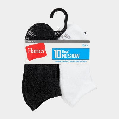 Hanes Boys' 10pk Premium No Show Socks - Black/White L