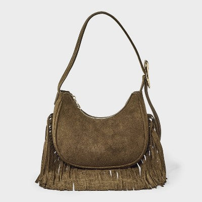 Western Faux Suede Fringe Shoulder Bag Purse - Universal Thread Brown