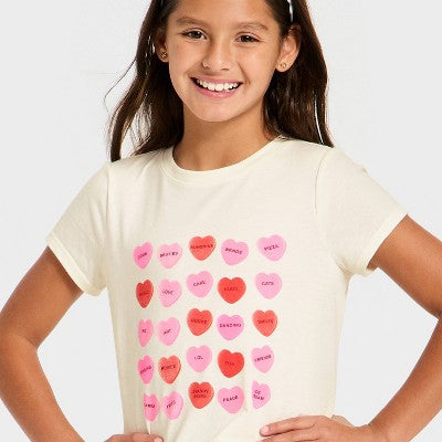 Girls' Short Sleeve Valentine's Day 'Candy Hearts' Graphic T-Shirt M