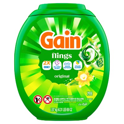 Gain Original Flings Laundry Detergents - 102ct: Paraben-Free, Bleach-Free, Concentrated, Child-Resistant Packaging