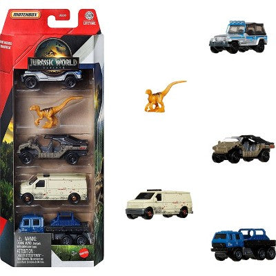 Matchbox Jurassic World Rebirth 5pk 1:64 Scale Die-Cast Toy Cars with 1 Dinosaur (Styles May Vary)