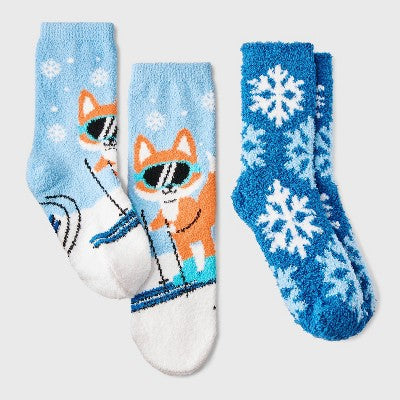 Kids' 2pk Fox Cozy Christmas Crew Socks with Gift Card Holder - Wondershop Light Blue XS/S