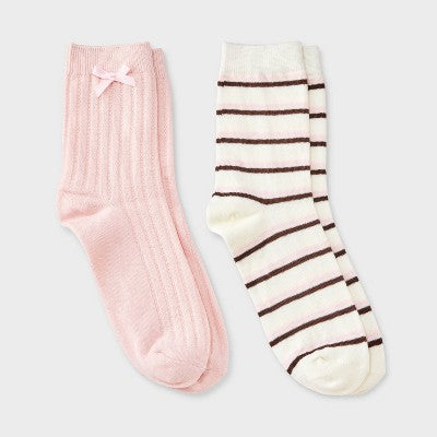 Women's Pointelle with Bow & Striped 2pk Mid Crew Socks - Wild Fable Pink/Ivory/Brown 4-10
