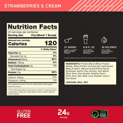 Optimum Nutrition Gold Standard 100% Whey Protein Powder - Strawberries & Cream - 22 Servings - 24oz
