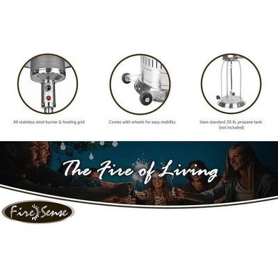 Fire Sense Performance Series Patio Heater With Wheels 50,000 BTU Output Electronic Ignition System Portable Outdoor Propane Heater - Stainless Steel (LOCAL PICKUP ONLY)