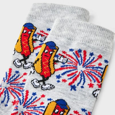 Women's Patriotic Hot Dog Crew Socks - Heather Gray 4-10: Recycled Polyester, Banded Cuff, Knit Fabric