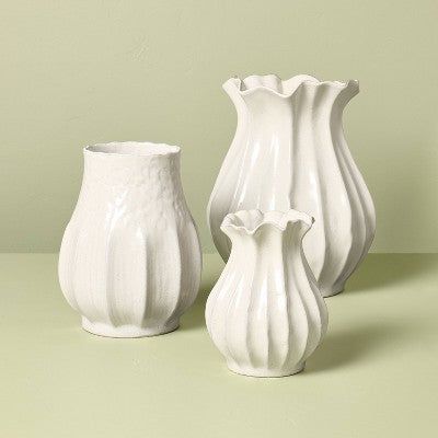 16" Pleated Ceramic Vase Sour Cream - Hearth & Hand with Magnolia (LOCAL PICKUP ONLY)
