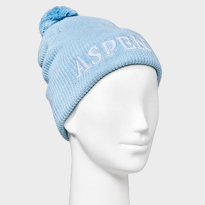 Embroidered Pom Beanie - Wild Fable Blue: Knit Ribbed Cuff, Midweight, Pull-On Style