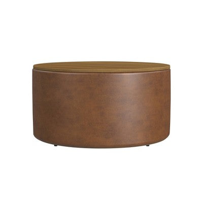 Wood Top Storage Ottoman Brown Faux Leather - HomePop: Modern Round Upholstered Bench, Easy to Assemble (LOCAL PICKUP ONLY)