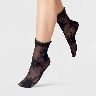 Women's Floral with Rhinestones and Lace Trim Sheer Anklet Socks - A New Day Black One Size