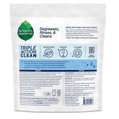 Seventh Generation Triple Action Clean Dishwasher Detergent Packets - 38ct: No Fragrance Added, Dye-Free, Bleach-Free