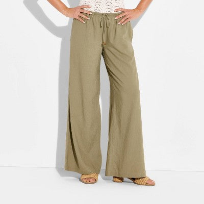 Women's Low-Rise Baggy Leg Linen Pants Wild Fable Green XS