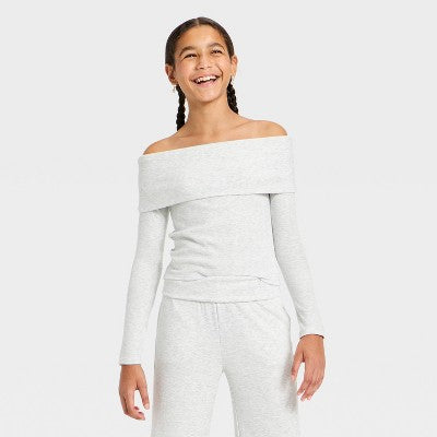 Girls' Off the Shoulder Long Sleeve Knit Top Heather Gray L