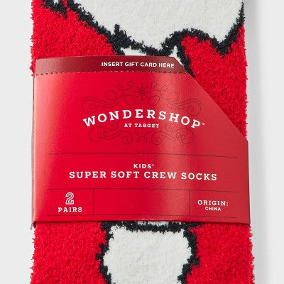 Kids' 2pk Santa & Plaid Cozy Crew Socks with Gift Card Holder - Wondershop Navy Blue/Red M/L