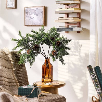 22" Cedar and Pinecones in Ribbed Amber Vase Artificial Arrangement - Hearth & Hand with Magnolia