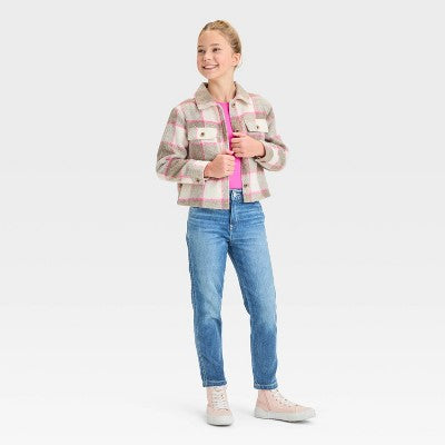 Girls' Cropped Plaid Shacket - Cat & Jack Brown M
