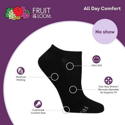 Fruit of the Loom Women's Cushioned 6pk No Show Athletic Socks - Black 4-10: Moisture Wicking, Ventilating Mesh, 4-Way Stretch